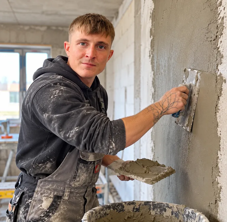 Kilian Sackmann trägt frischen Putz mit der Glättkelle auf eine Wand auf